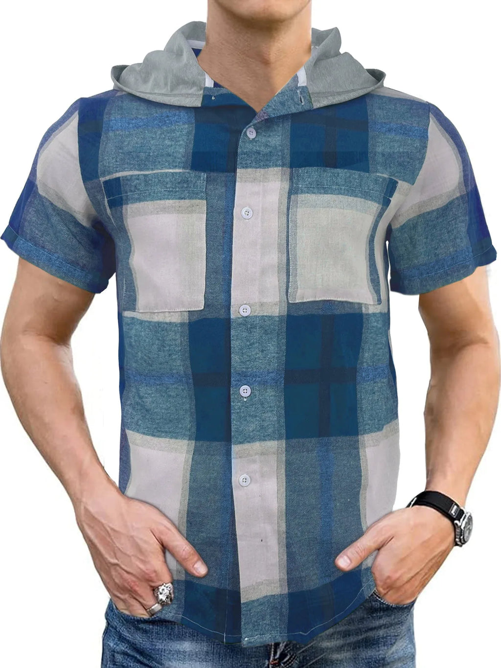 Men's casual hooded short-sleeved plaid shirt in green plaid polyester
