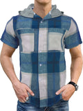 Men's casual hooded short-sleeved plaid shirt in green plaid polyester