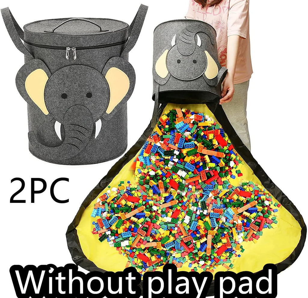 Green felt cube storage bag with pull rope, laid flat as a play mat and gathered into a bag.