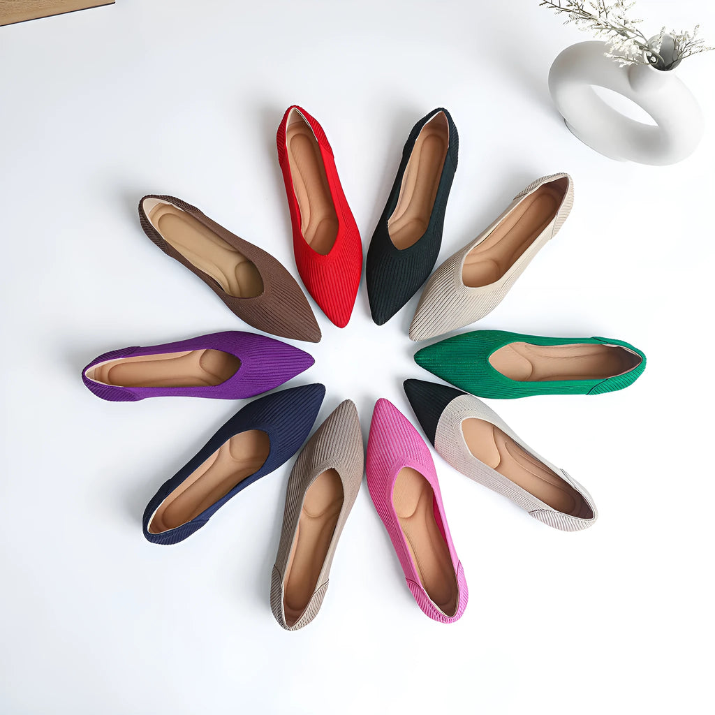 Women's flat heel knit pumps with pointed toe in multiple colours