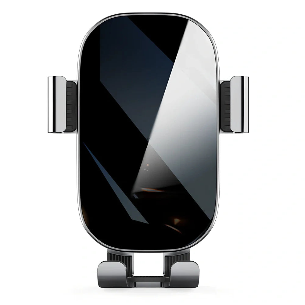 Black sucker car phone holder mounted on dashboard with phone clamped, showing suction base and USB cable, 12cm height