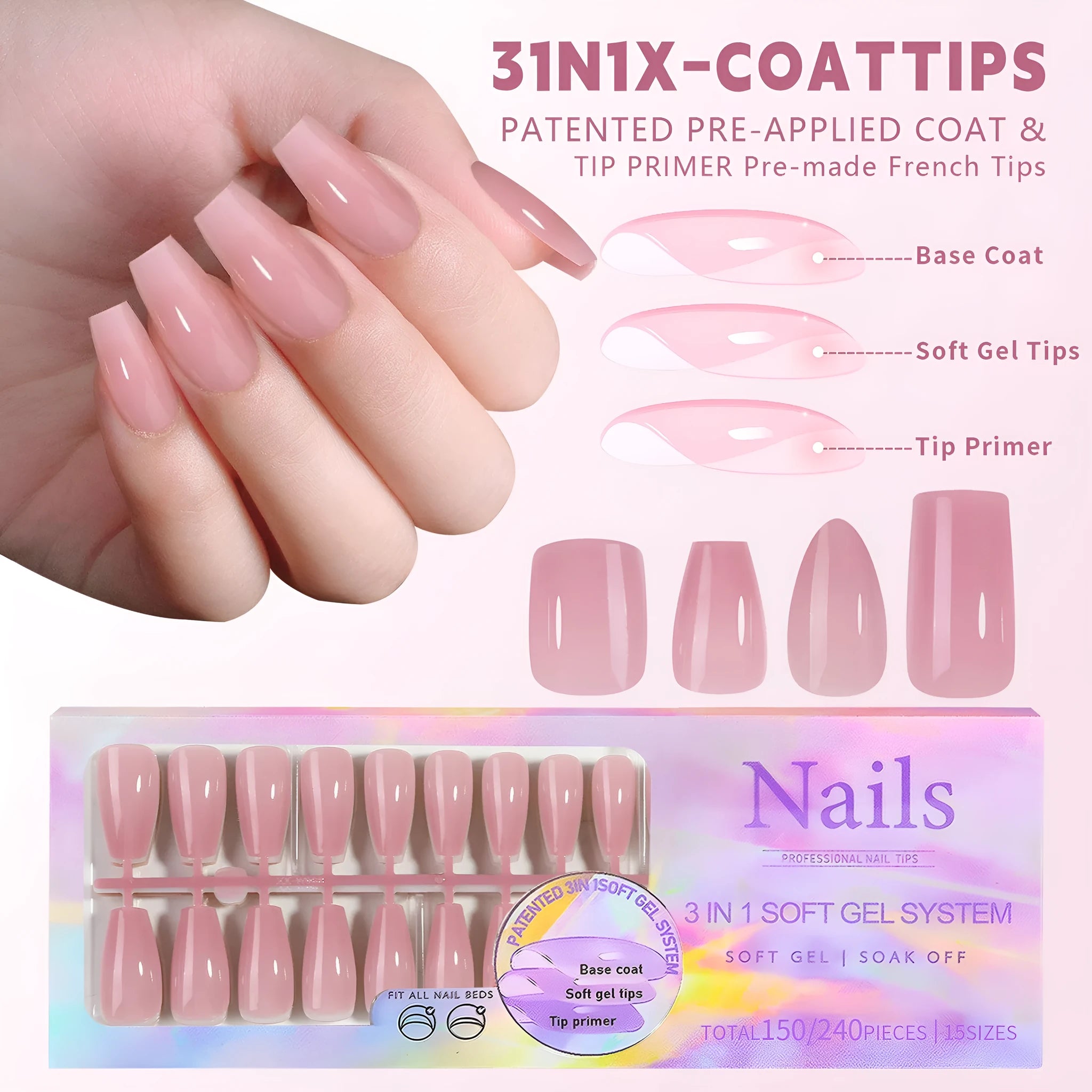Box of nude seamless removable nail stickers showing colours Bare 01 to Bare 08
