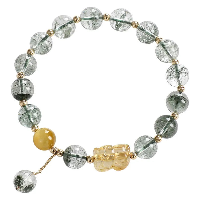 Green Phantom Quartz crystal bracelet with geometric beads and gold accents