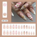 French style fake nails with simple flower patterns and rock accents on white background
