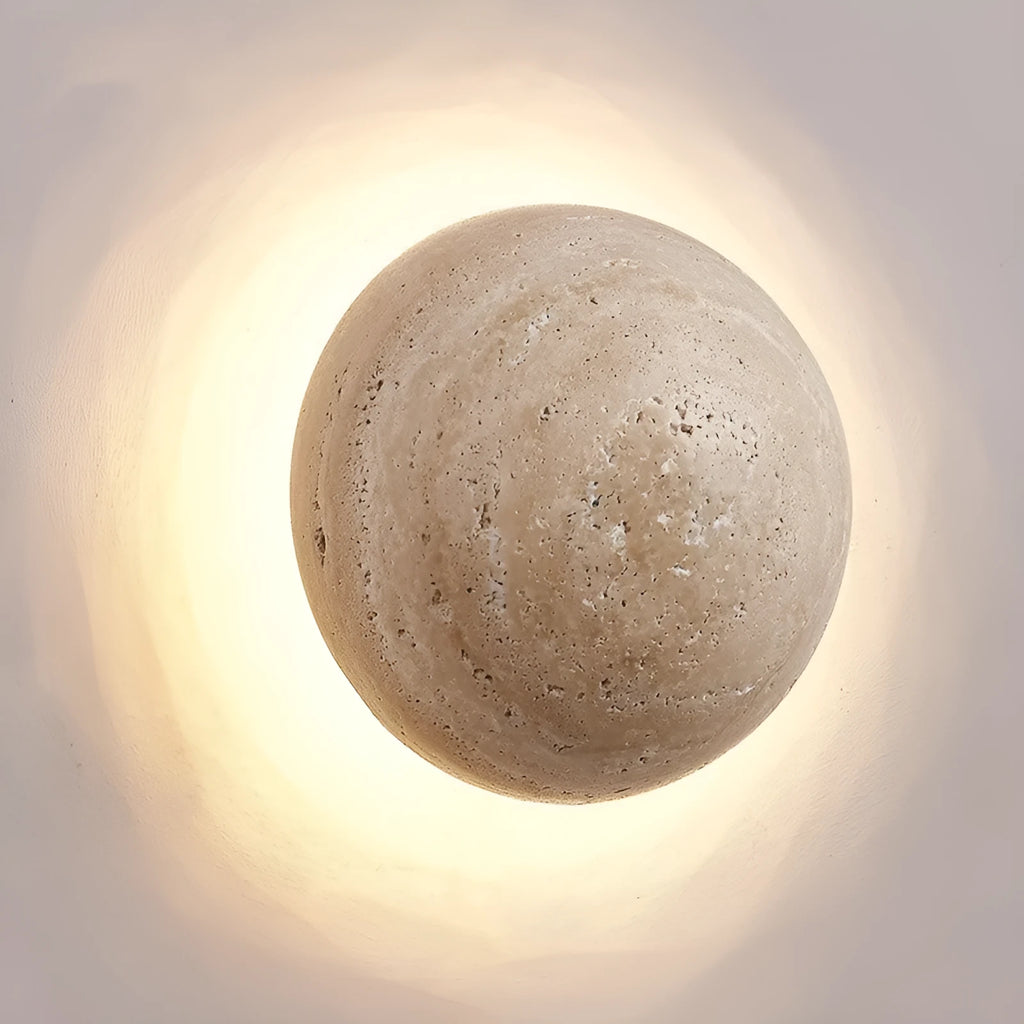 Yellow semicircular cave stone wall lamp with wood art base measuring 15cm in diameter
