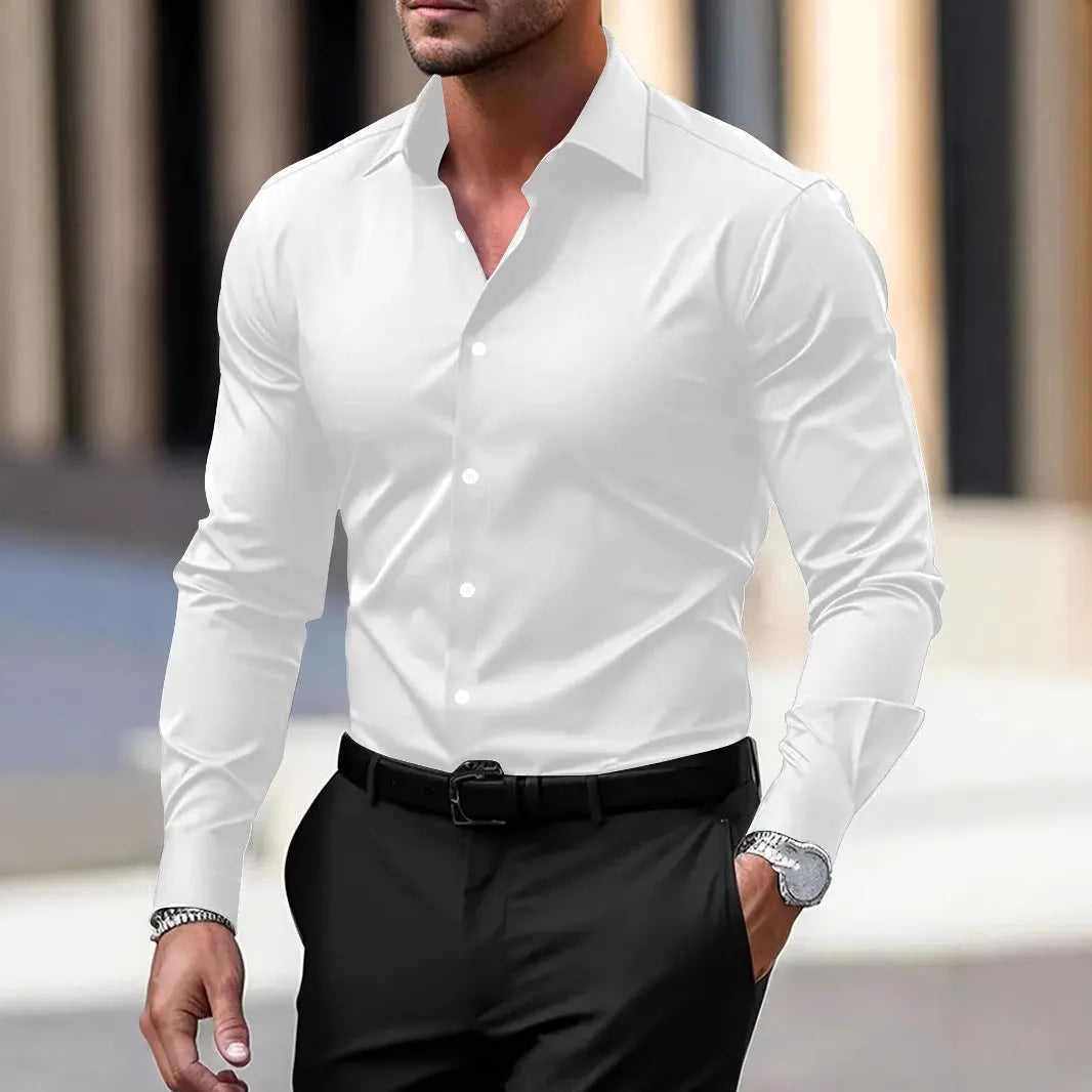 Men's business button down shirt in velvet polyester fabric, long sleeve lapel style, solid colour available in navy blue
