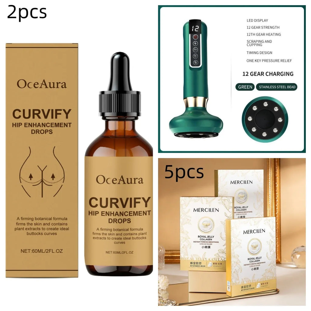 Electric vacuum cupping massager in green with USB charger, suction head, and hip firming liquid