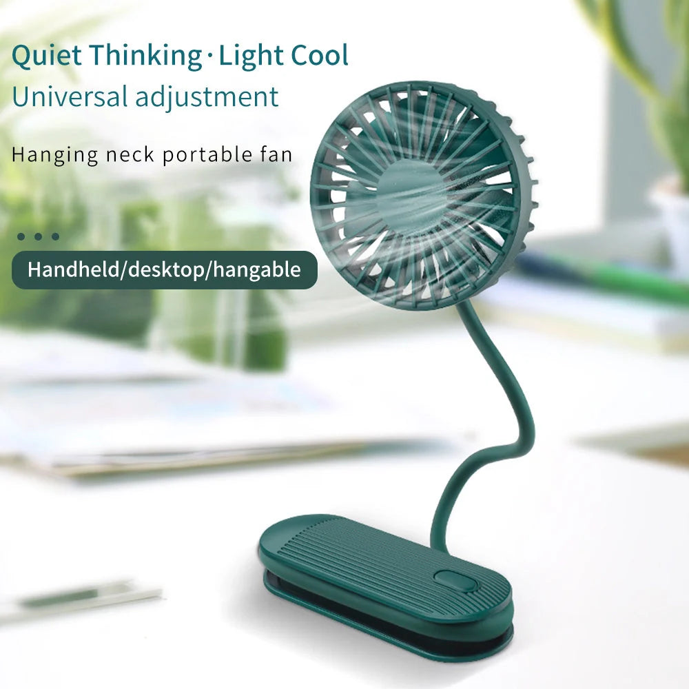 Rechargeable handheld fan with adjustable neck strap and silent operation