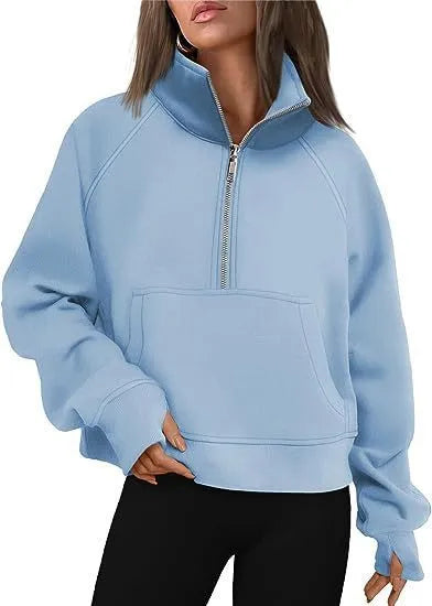 Women's loose lapel fleece-lined sweater in a solid colour with long raglan sleeves.