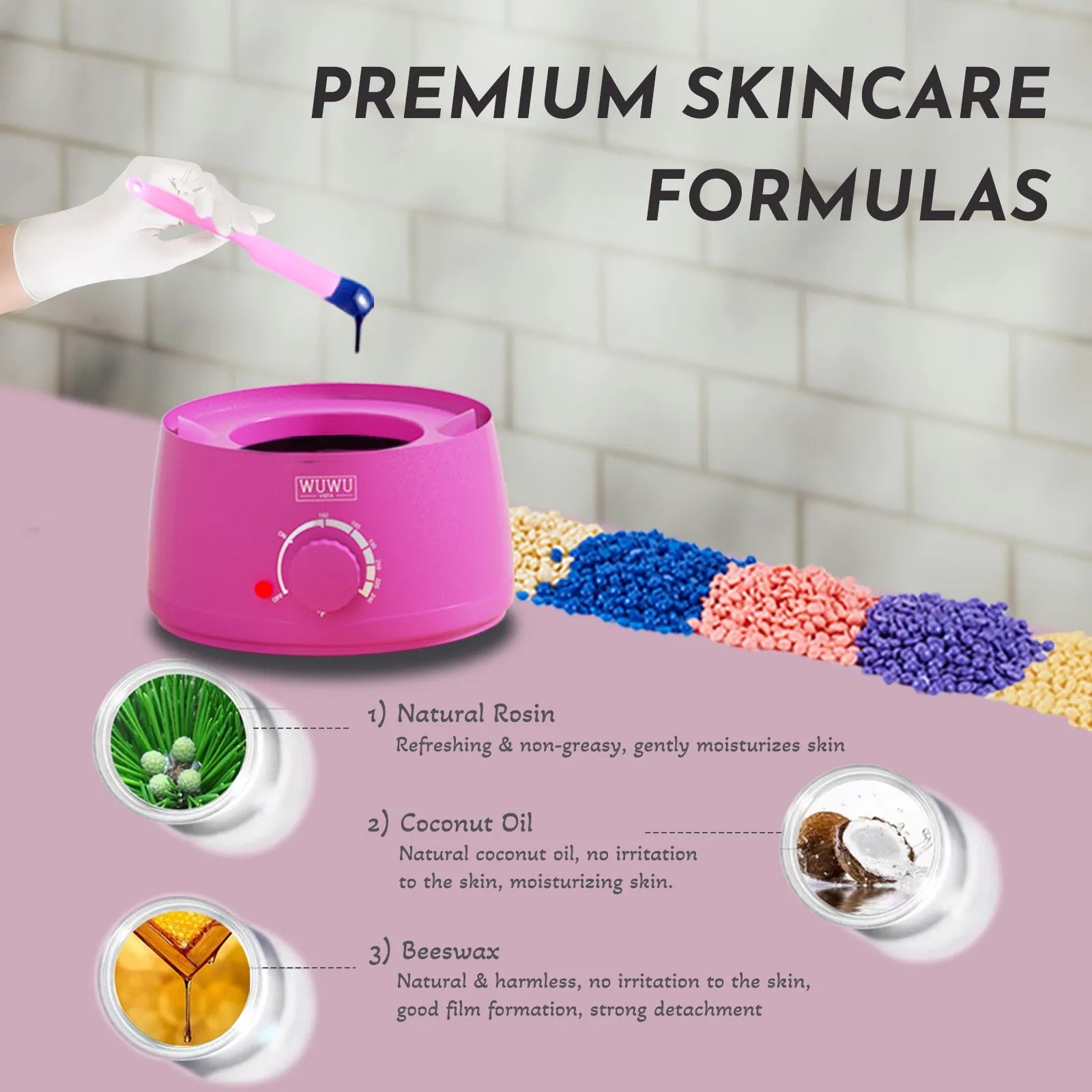 Professional 52-piece waxing kit with wax warmer, five types of hard wax beans, application tools, and post-care lotion.