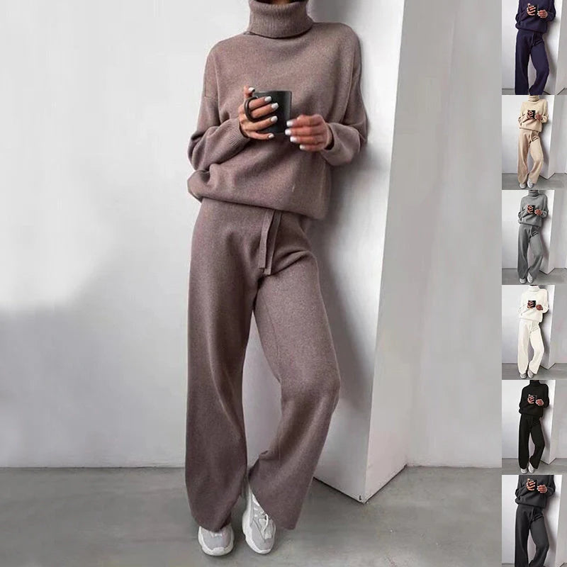 Women's casual turtleneck sweater and drawstring pants set in various colours
