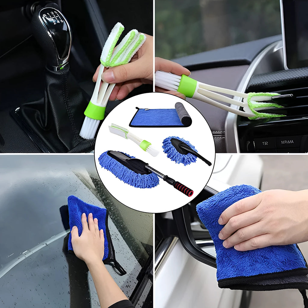 Car dust collector with retractable handle and five fibre brush heads on a car dashboard