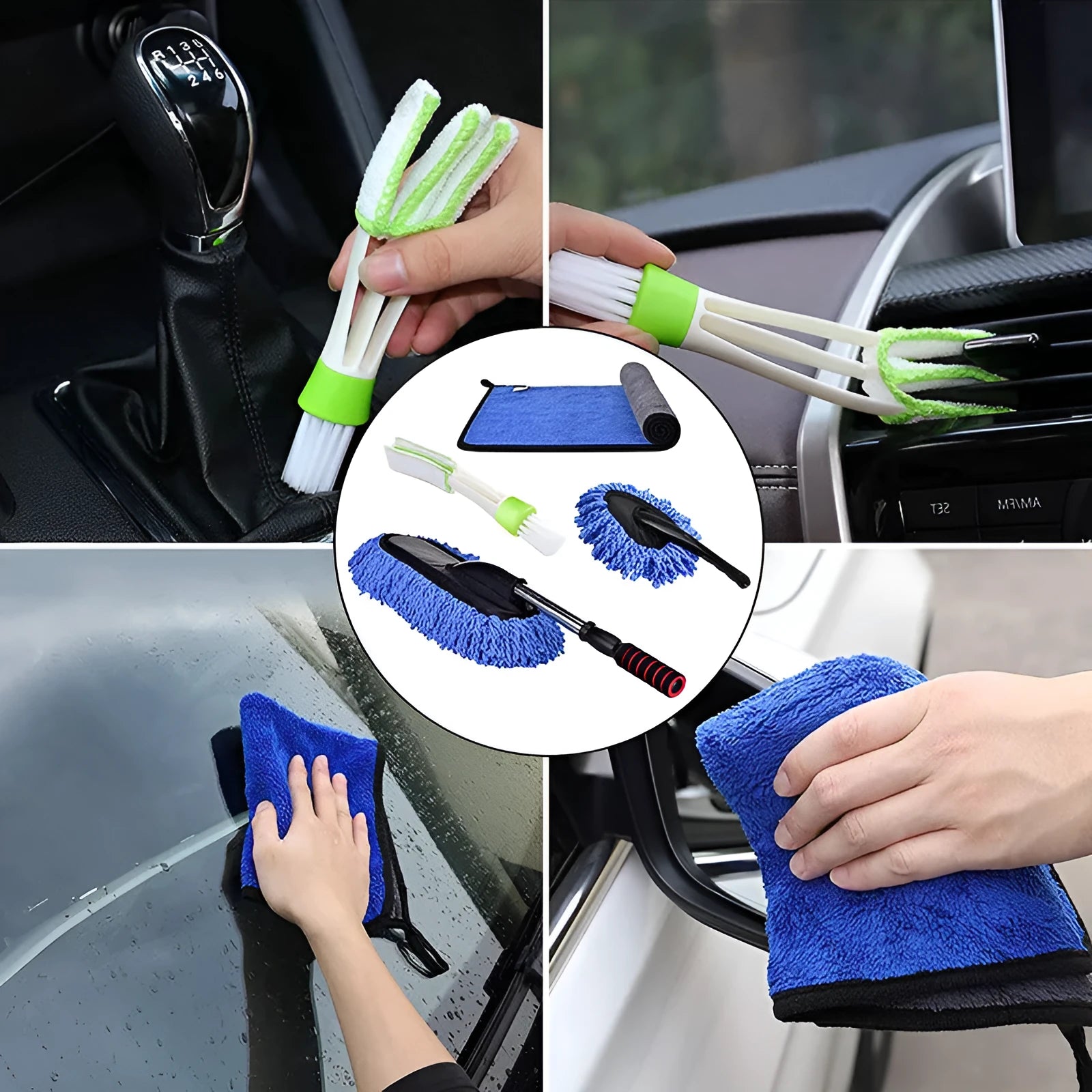 Car dust collector with retractable handle and five fibre brush heads on a car dashboard