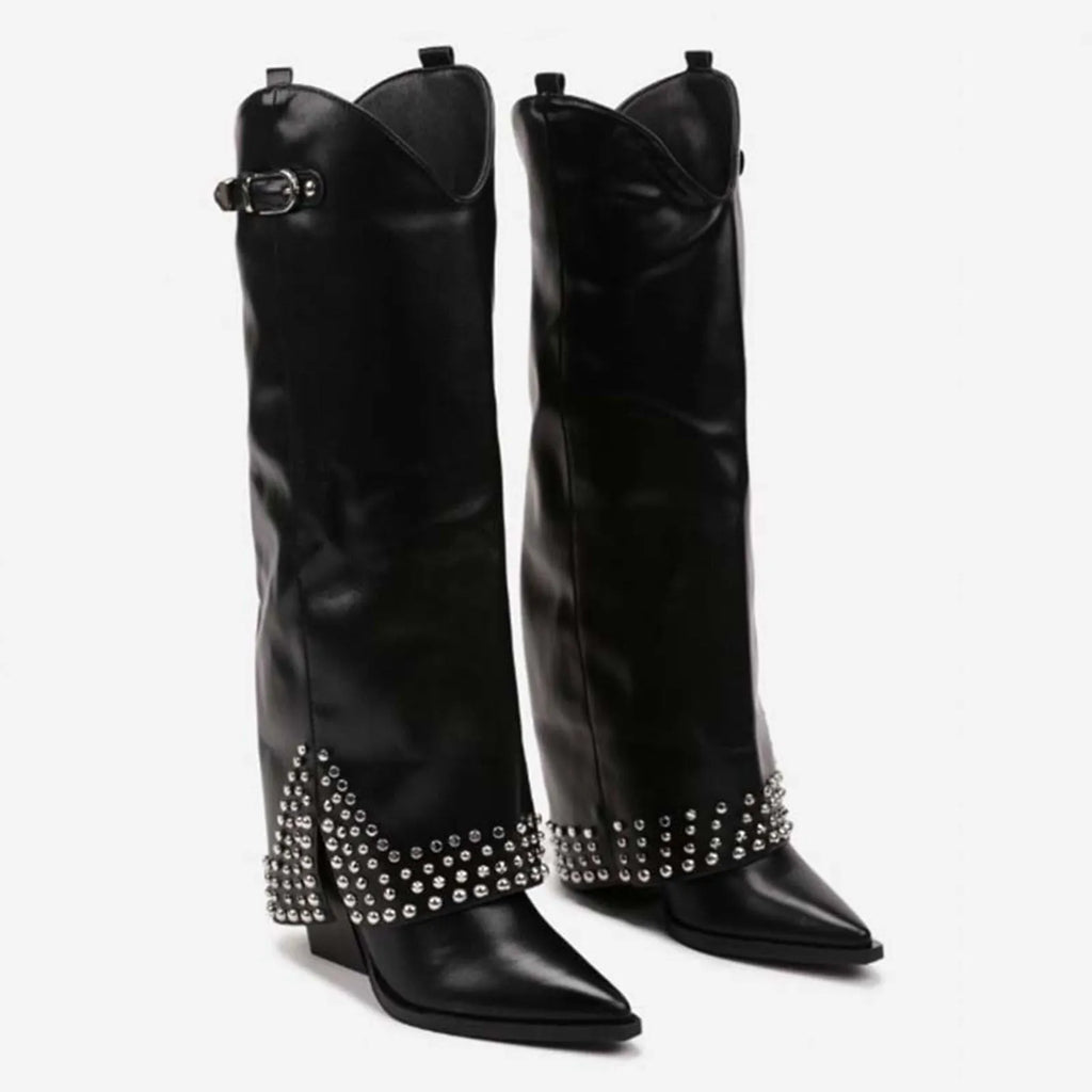Women's black frosted rivet pantyhose boots with a suede-look upper and rubber sole.