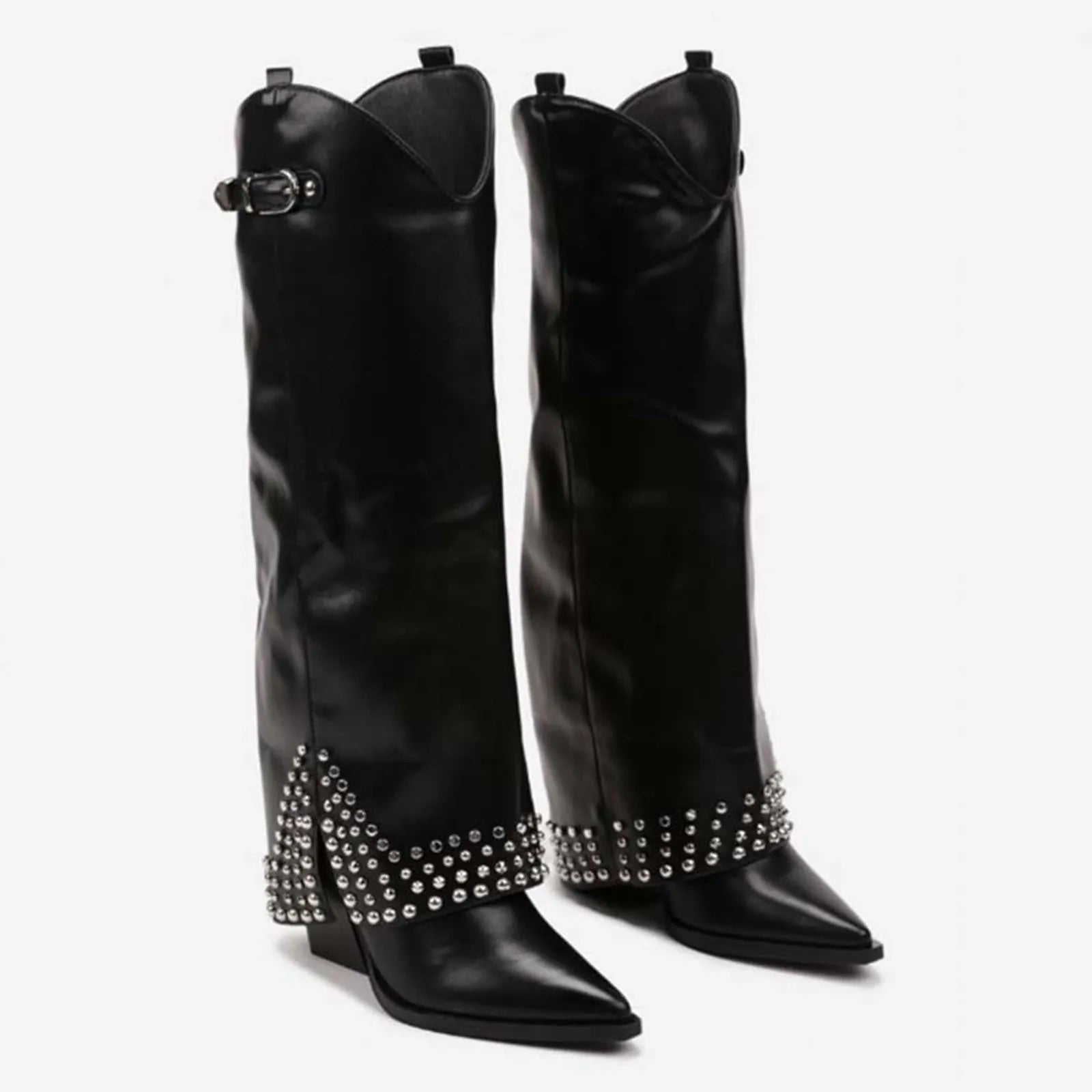 Women's black frosted rivet pantyhose boots with a suede-look upper and rubber sole.