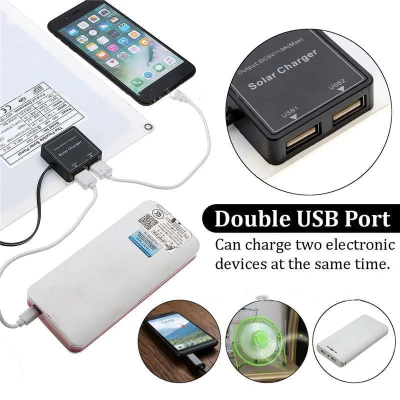 Portable 10W solar panel with dual USB ports and suction cups for outdoor device charging
