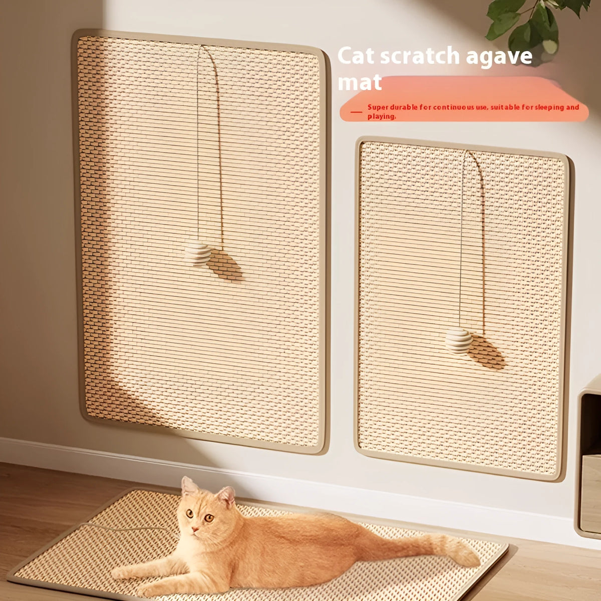 Linen cat scratch board in beige colour with hanging ball, 30x60cm size on a pet bed