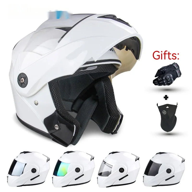 Electric motorcycle helmet with exposed double lens on an ABS plastic shell in a choice of colours.