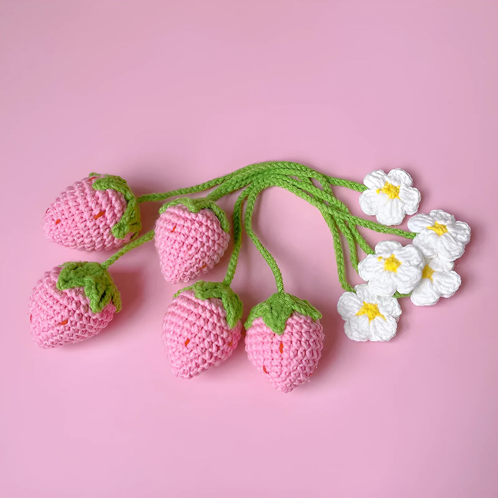 Handmade wool crochet strawberry pendant necklace with 35cm chain in pink or red colour