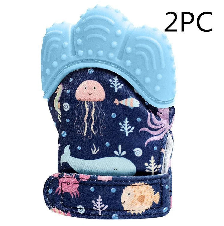 Baby silicone molar teething gloves in various colours with secure Velcro strap