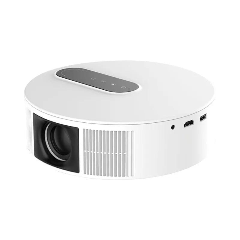 White 720p HD home theatre projector with remote control on a wooden surface.