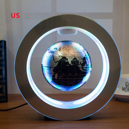 Round LED World Map Floating Globe hovering above base with magnetic levitation