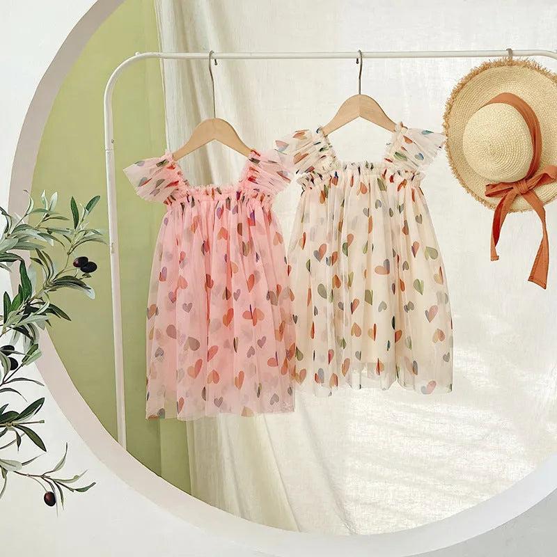 Summer cute heart print mesh girl dress with cotton lining, pink love heart colour, Korean style, suitable for 80-130cm height