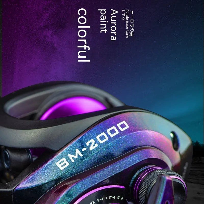 BM2000 fishing reel with magnetic brake system shown in water drop shaped body design