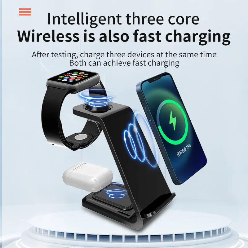 White 3-in-1 upright wireless charging stand holding a mobile phone at an angle