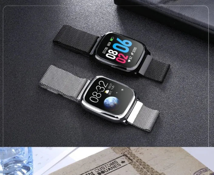 Black smart pedometer watch with temperature measurement function and 1.3-inch colour screen