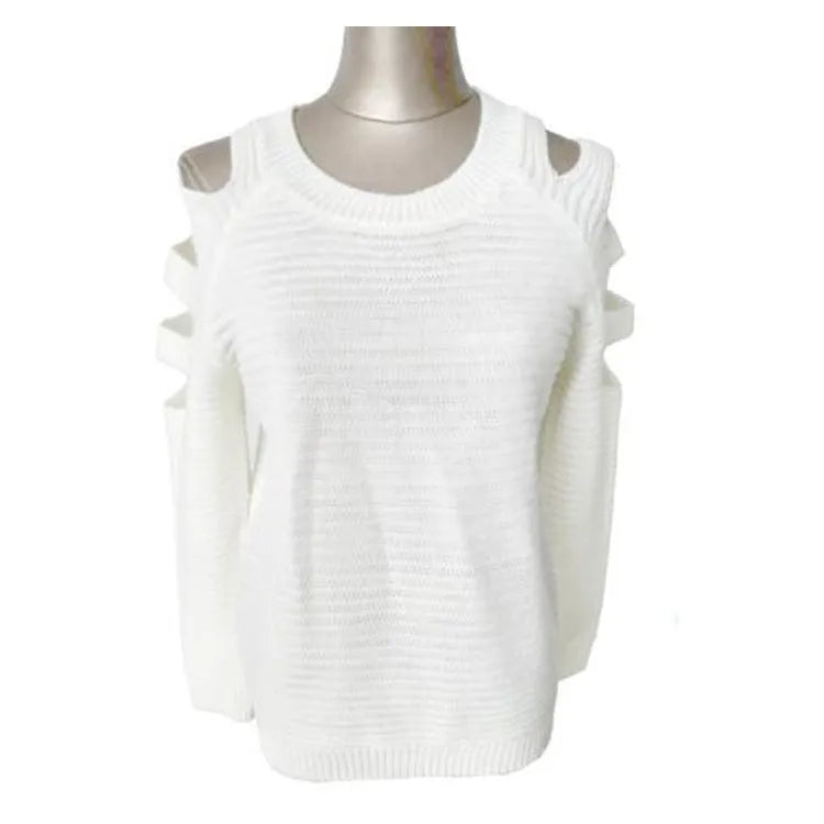 Women's grey hollow-out crocheted knitted long-sleeve shirt with round neck on a hanger.