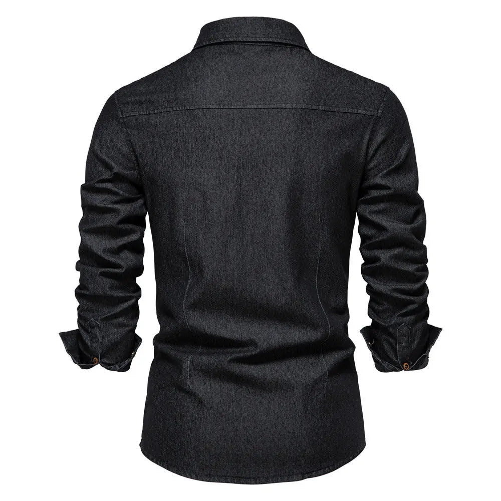 Men's slim-fit long-sleeved denim shirt in a solid colour on a hanger.