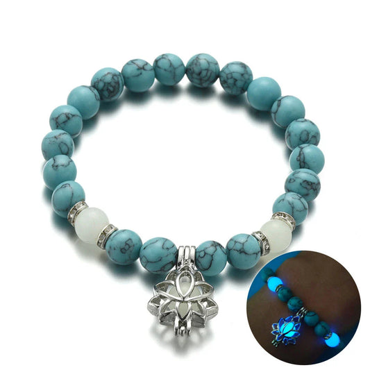 Radiant Lotus Glow Bracelet with Luminous Charm, Adjustable Elastic Band, and Natural Stone Beads