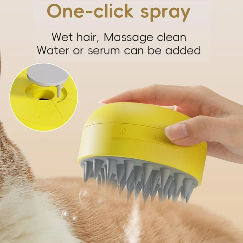 Green and yellow rechargeable silicone steam brush for pet grooming on a table.