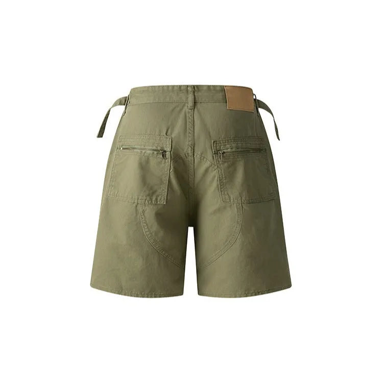 Retro workwear shorts with front zipper in washed cotton cloth, loose fit design
