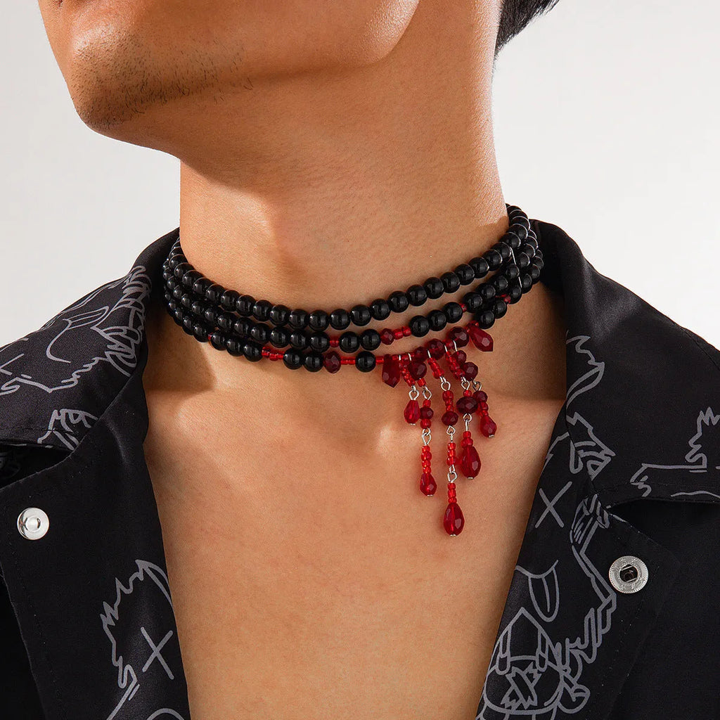 Halloween blood drop tassel crystal necklace for men with adjustable chain and geometric beads