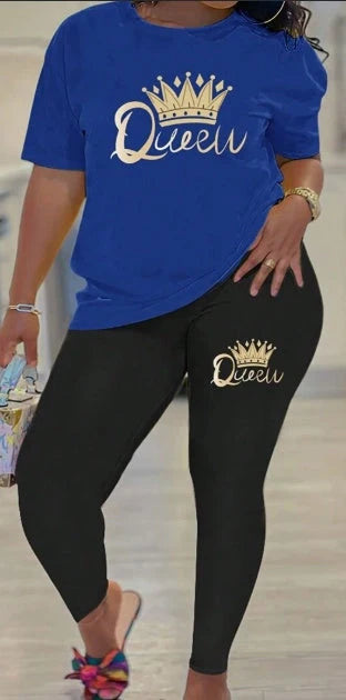 Crown and letter print polyester top and leggings set in royal blue, hot pink, or black