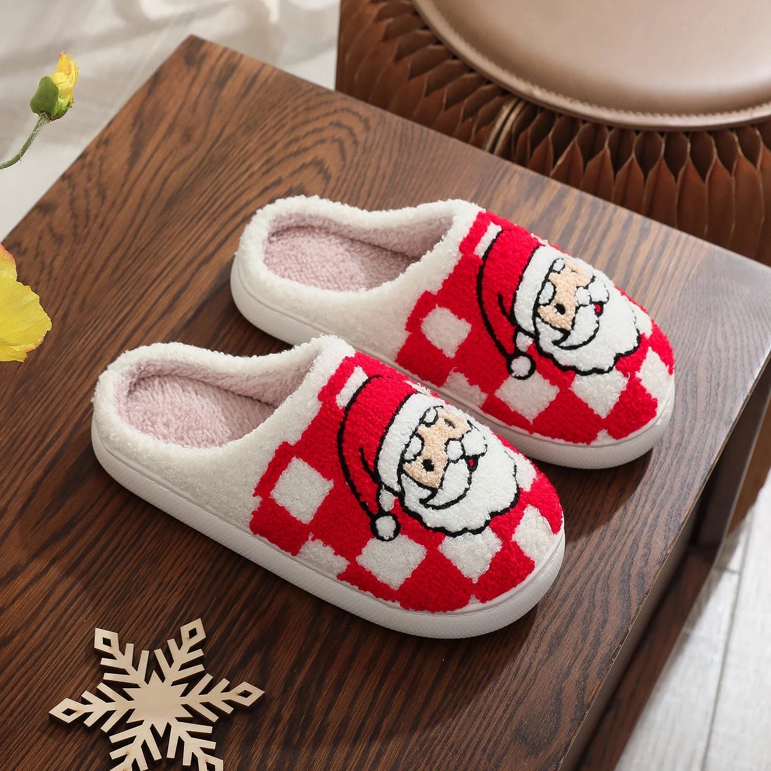 Cozy plaid Christmas slippers for women with non-slip soles and fuzzy, warm interior