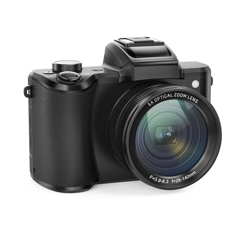 Black 16MP mirrorless camera with periscope lens and retractable zoom on a dark background