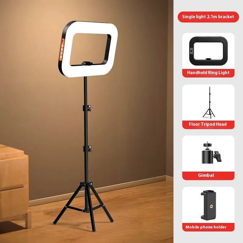 Mobile phone fill-in light kit with rechargeable lamp, desktop bracket, and phone holder for live broadcasting