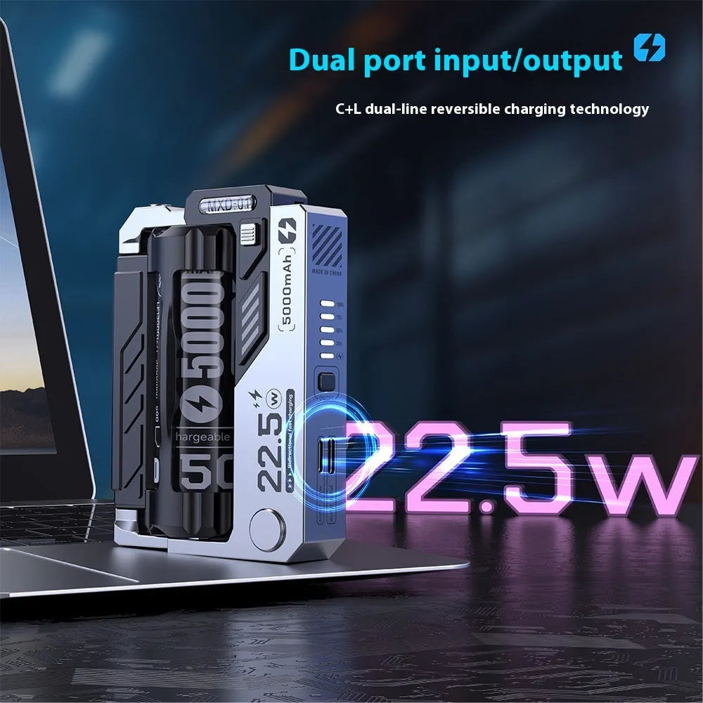 Tactical Mech USB-C power bank in Mecha Gray with cartridge replacement batteries showing front and side view