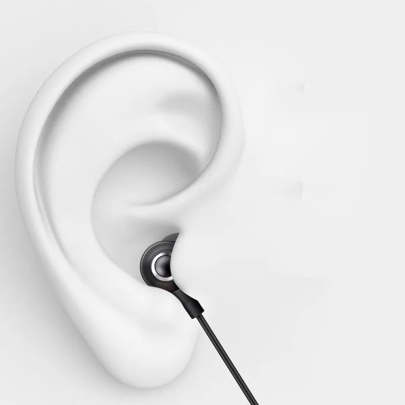 Wired in-ear headphones with silicone earplugs, 3.5mm plug and built-in microphone on a white background