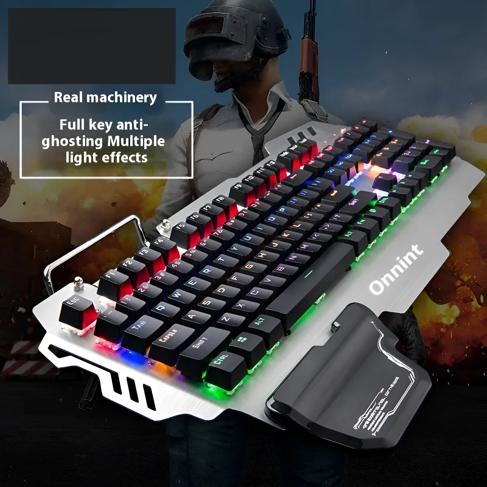 Silver gaming keyboard with green mechanical switches and wrist splint accessory on desktop