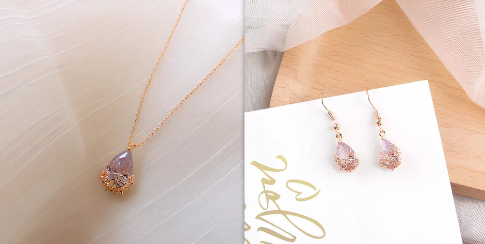 Women's adjustable crystal water drop pendant necklace with 21-50cm chain and silver gold plating options