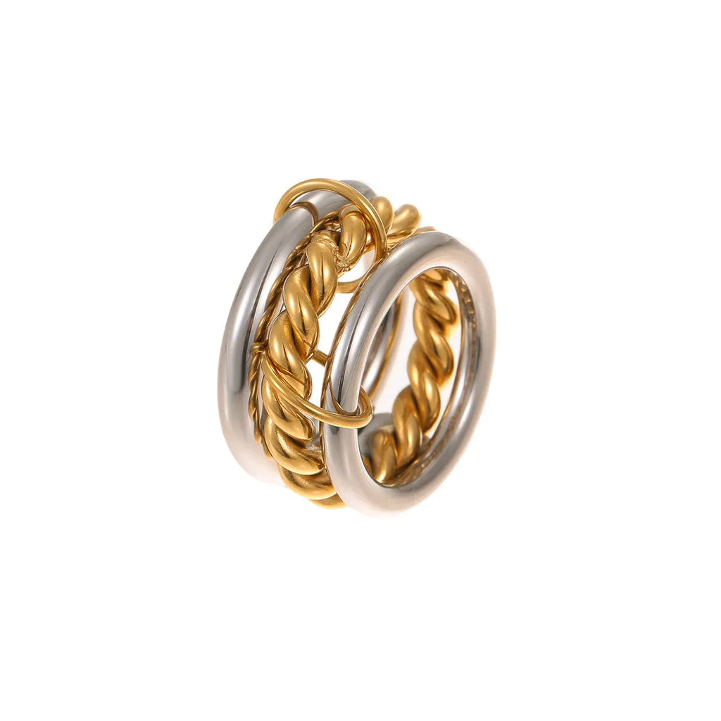 Stacked colour matching stainless steel rings with 18K gold plating in free size format