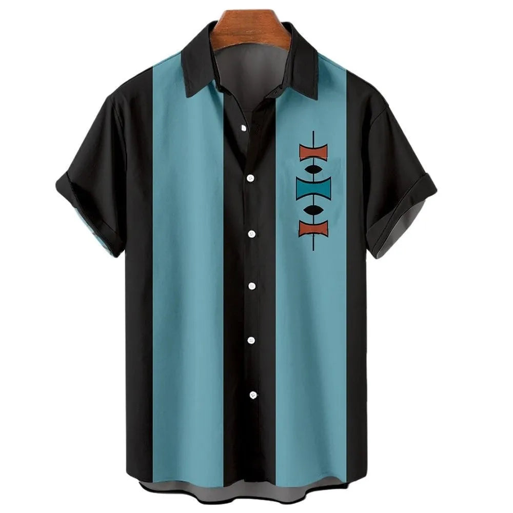 Men's striped Hawaiian short sleeve button-up shirt on a hanger.
