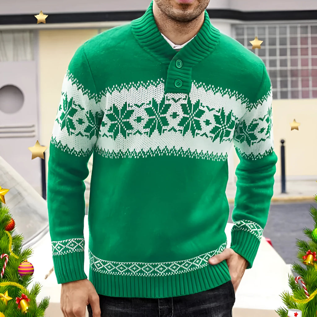 Men's green long sleeve thick jacquard knitted pullover sweater on model