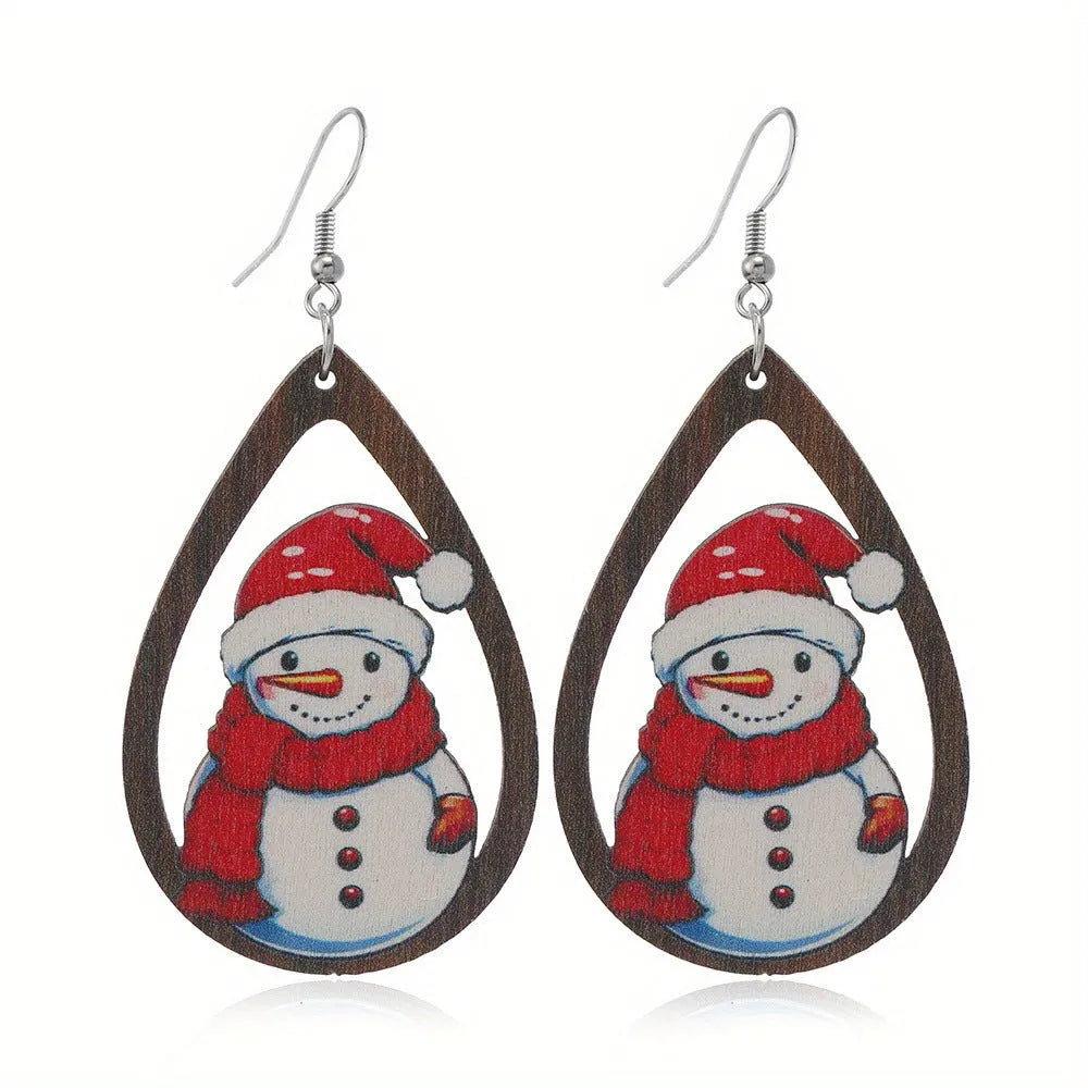 Wooden Christmas earrings with printed geometric tree and snowman designs