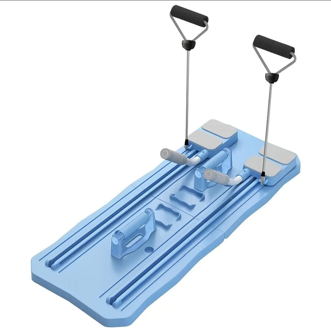 Pink portable ABS supine board for core training on a floor.