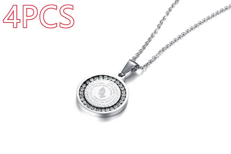 Stainless steel rhinestone prayer scripture pendant with adjustable chain in gold and silver